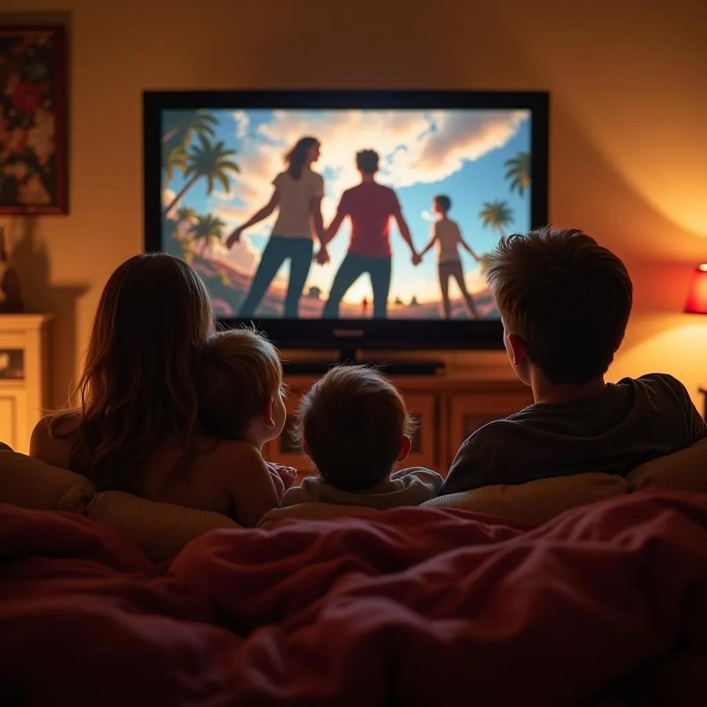 Family gathered on a couch, watching "Coat of Many Colors" on their television