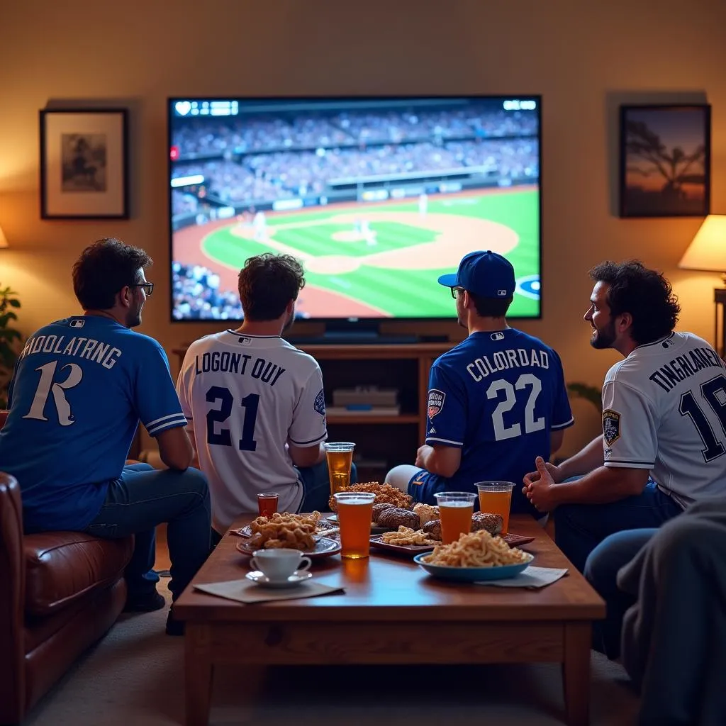 A group of friends watching Kansas City Royals vs Colorado Rockies game on TV, enjoying snacks and drinks.