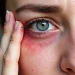 Woman experiencing eye discomfort from wearing multiple contact lenses