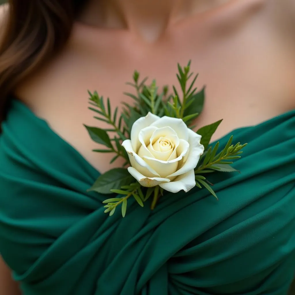 White corsage on a green dress