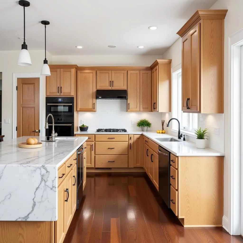 White granite countertops with oak cabinets and black appliances