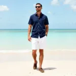 White Shorts with Navy Blue Shirt - Perfect Beach Outfit