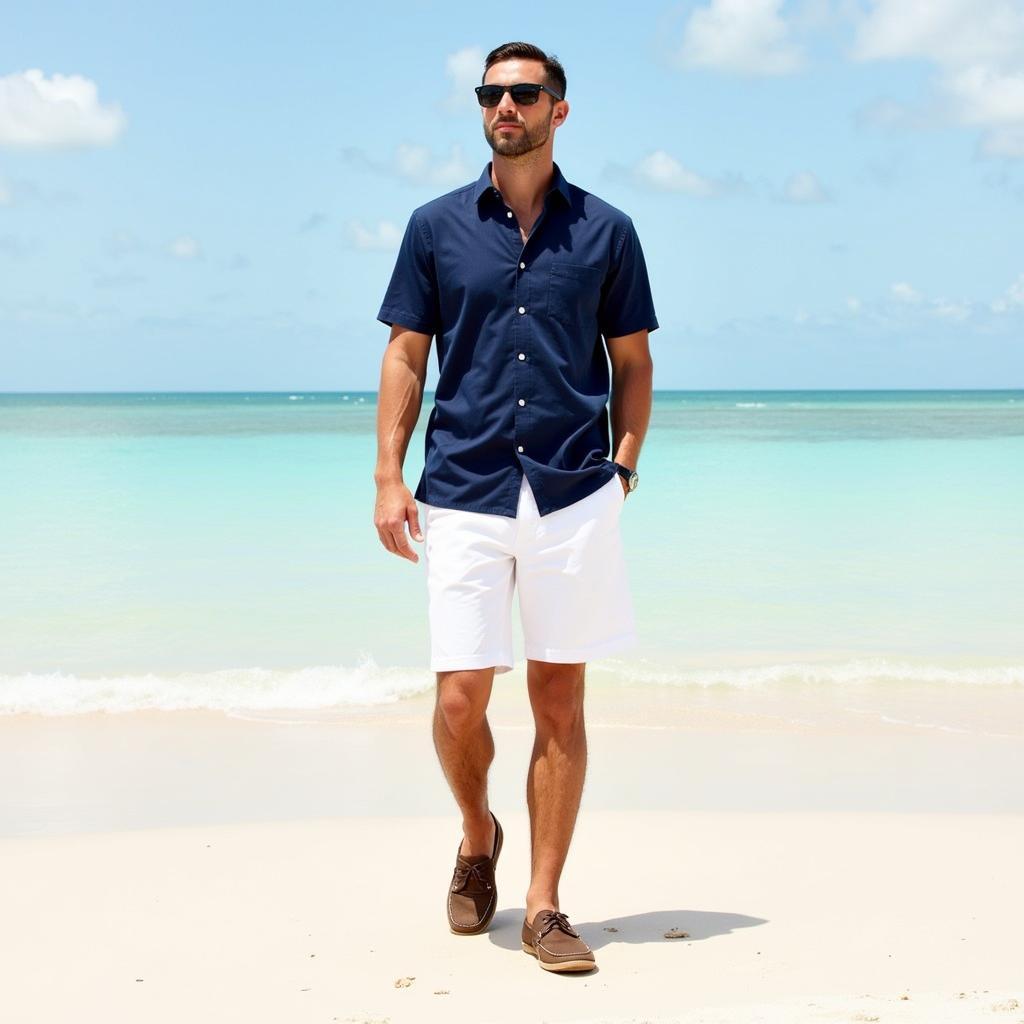 White Shorts with Navy Blue Shirt - Perfect Beach Outfit