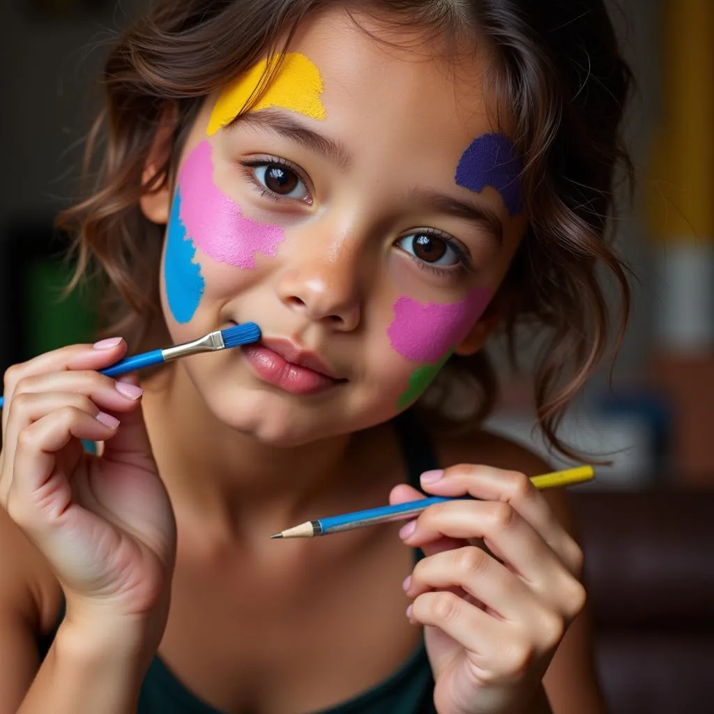 A woman getting her face painted with vibrant colors.