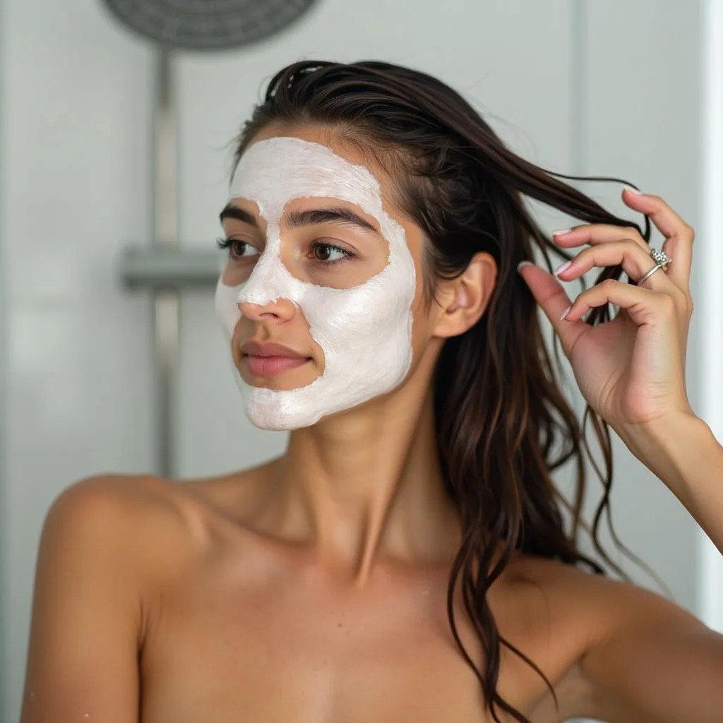 Woman applying hair mask for deep conditioning