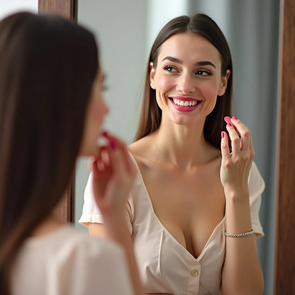  A woman applies lipstick with a confident smile, showcasing the transformative power of finding the right shade