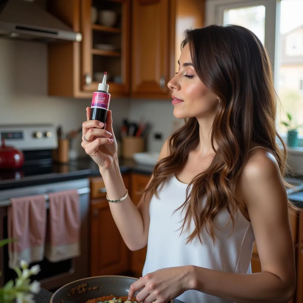 Woman inspecting food coloring in her kitchen