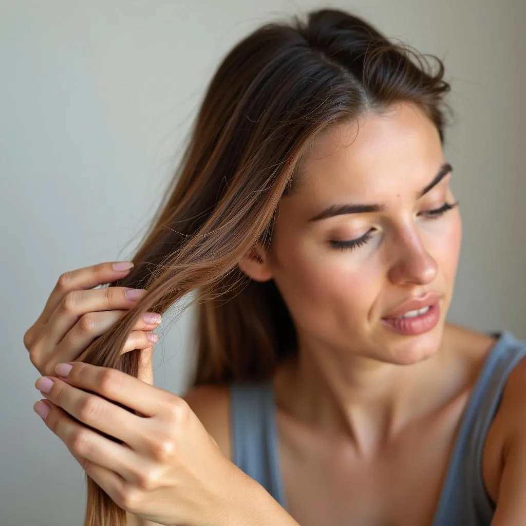 Woman Checking Hair for Dryness