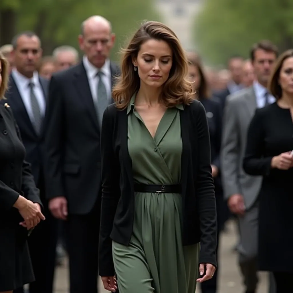 Woman in Muted Green Dress at a Funeral