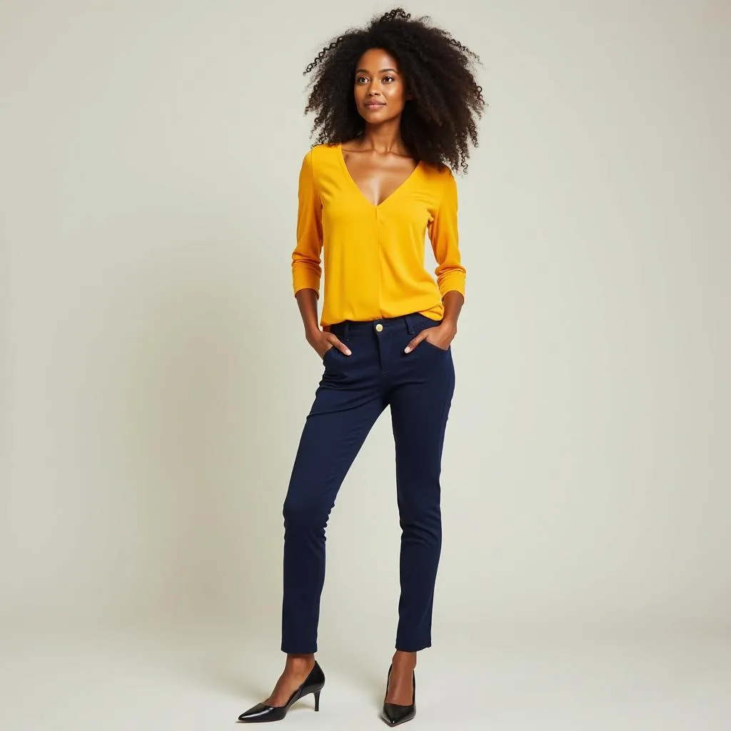 Woman wearing navy blue pants and a yellow top.