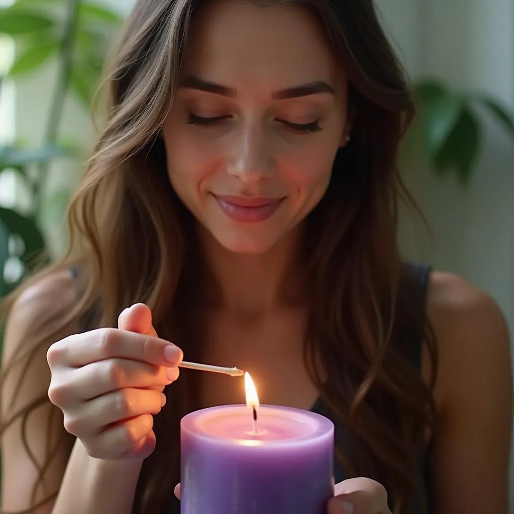 A woman lighting a candle for healing