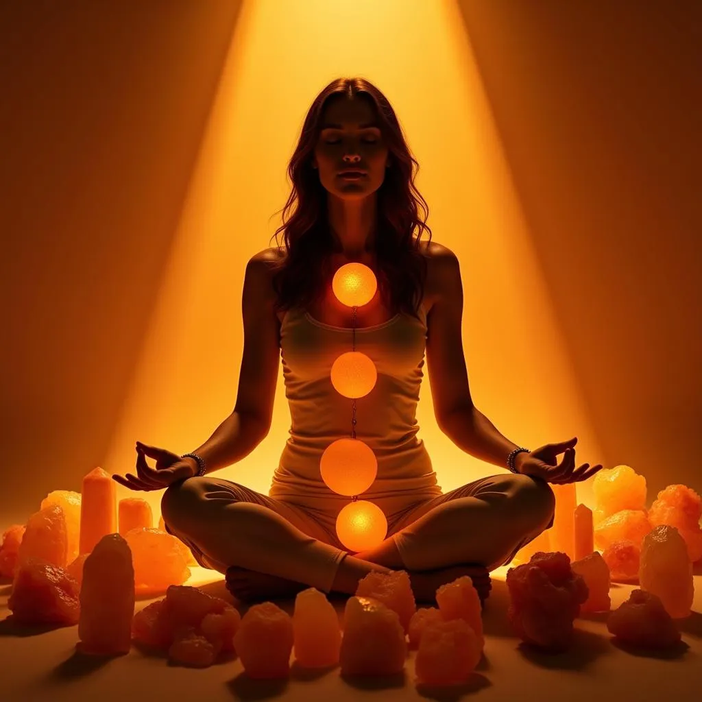 Woman meditating with orange crystals