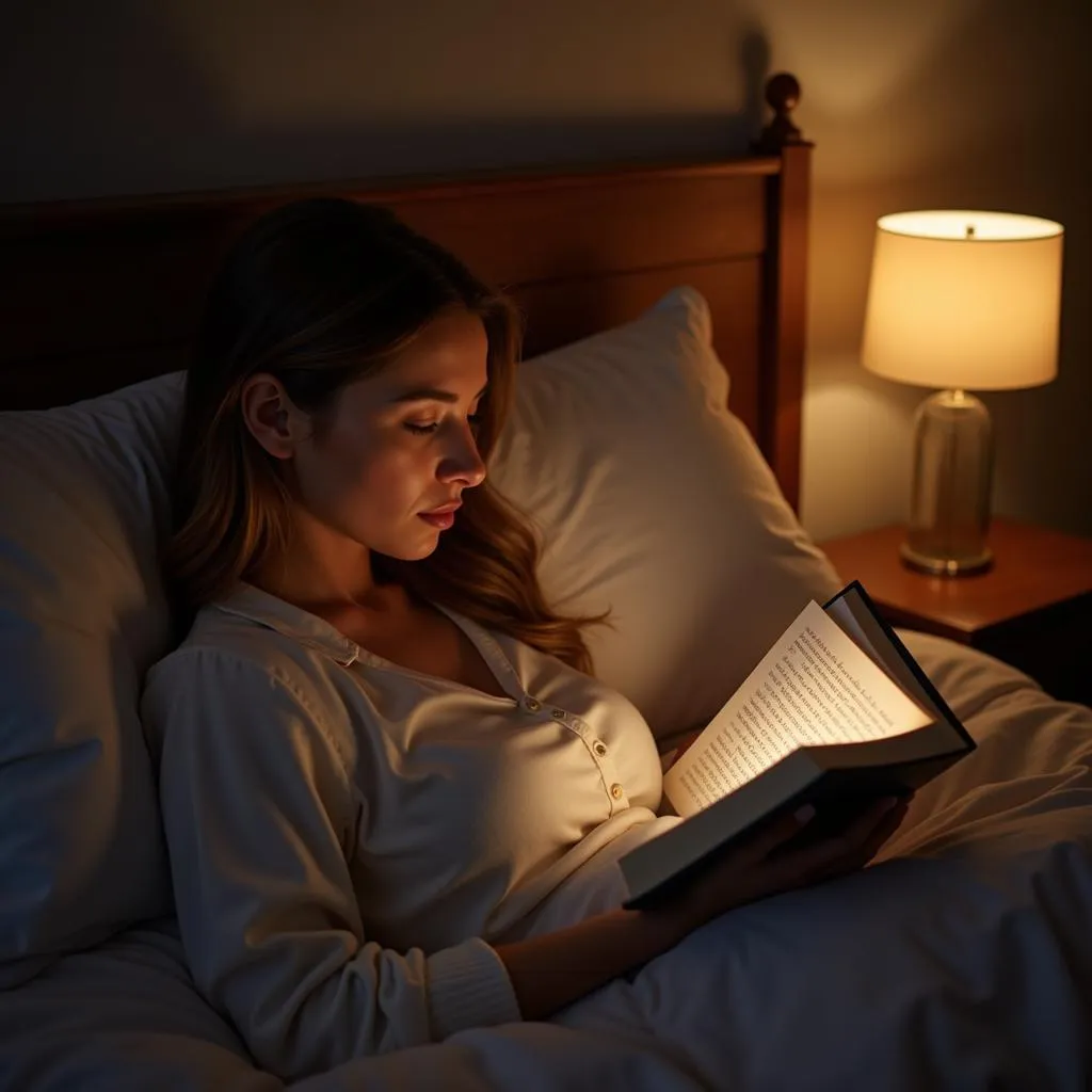 Woman reading a book in bed with a warm-toned lamp on