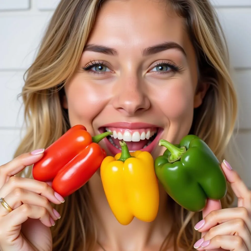 Woman sampling different colored bell peppers