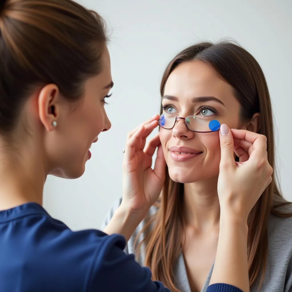 A customer trying on colored contact lenses at an optical store.