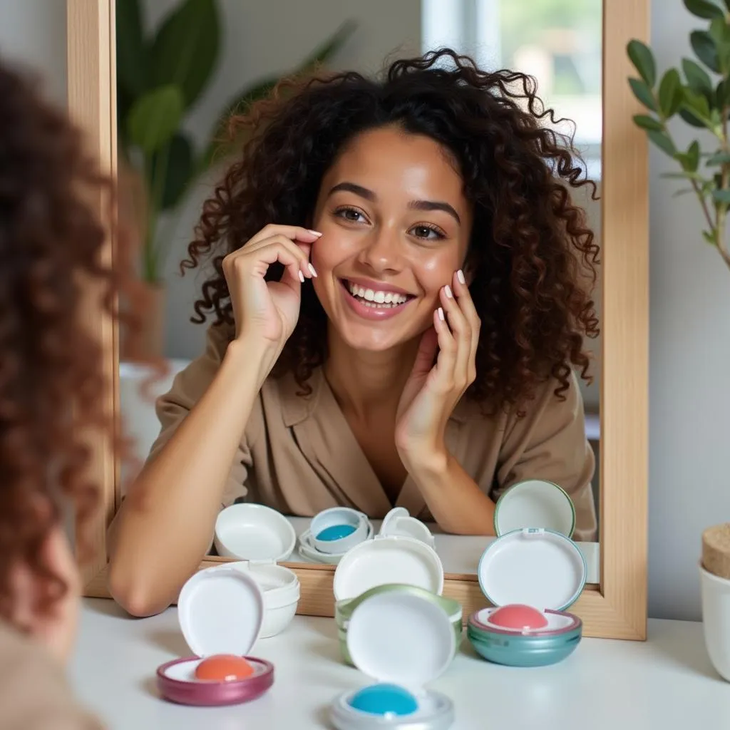 A woman trying on different colored contact lenses in front of a mirror.