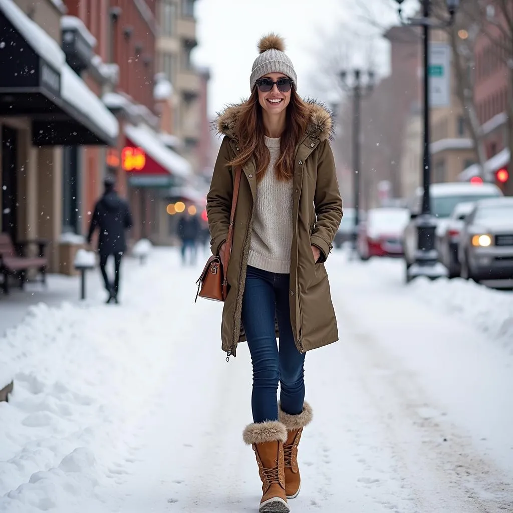 Woman walking in the snow in Aspen