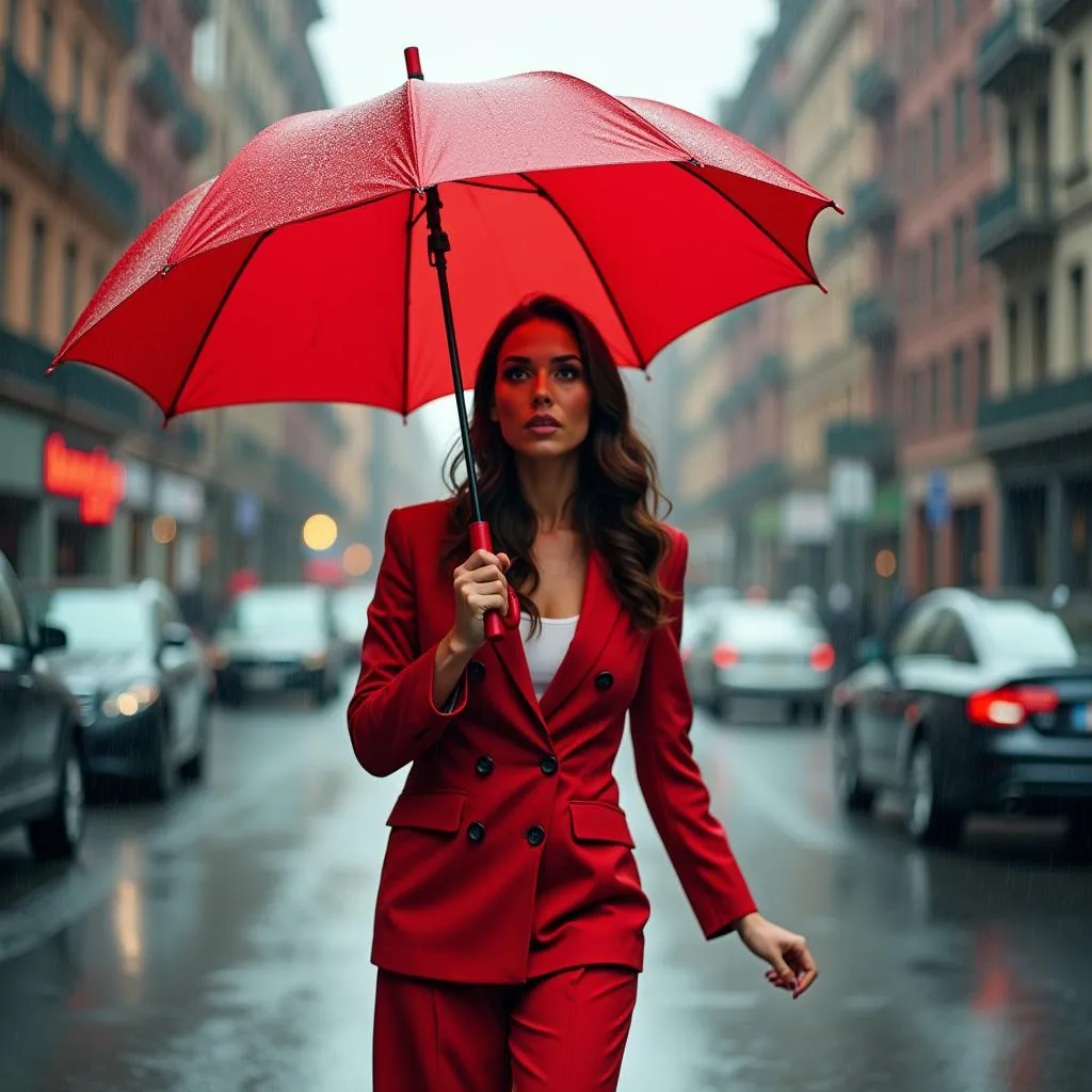 A woman with a red umbrella walks confidently in the rain