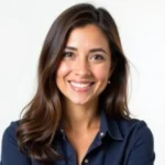 Woman in blue shirt for passport photo