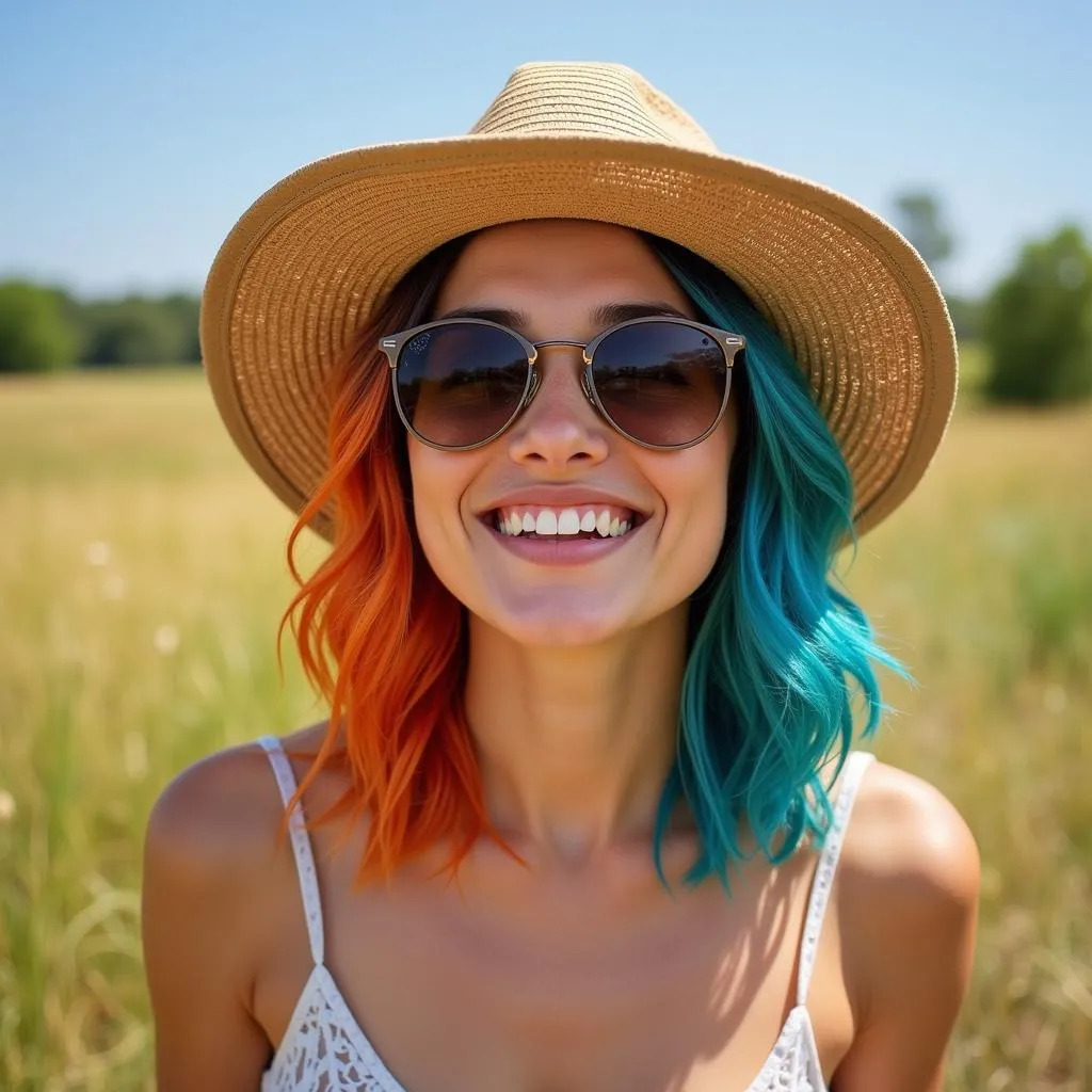 Woman with color-treated hair in the sun