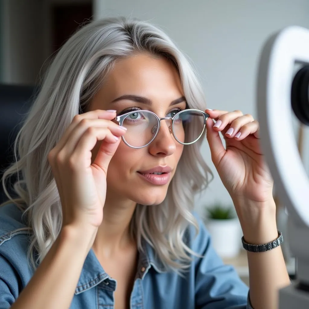 Woman with Cool-Toned Gray Hair Trying on Glasses