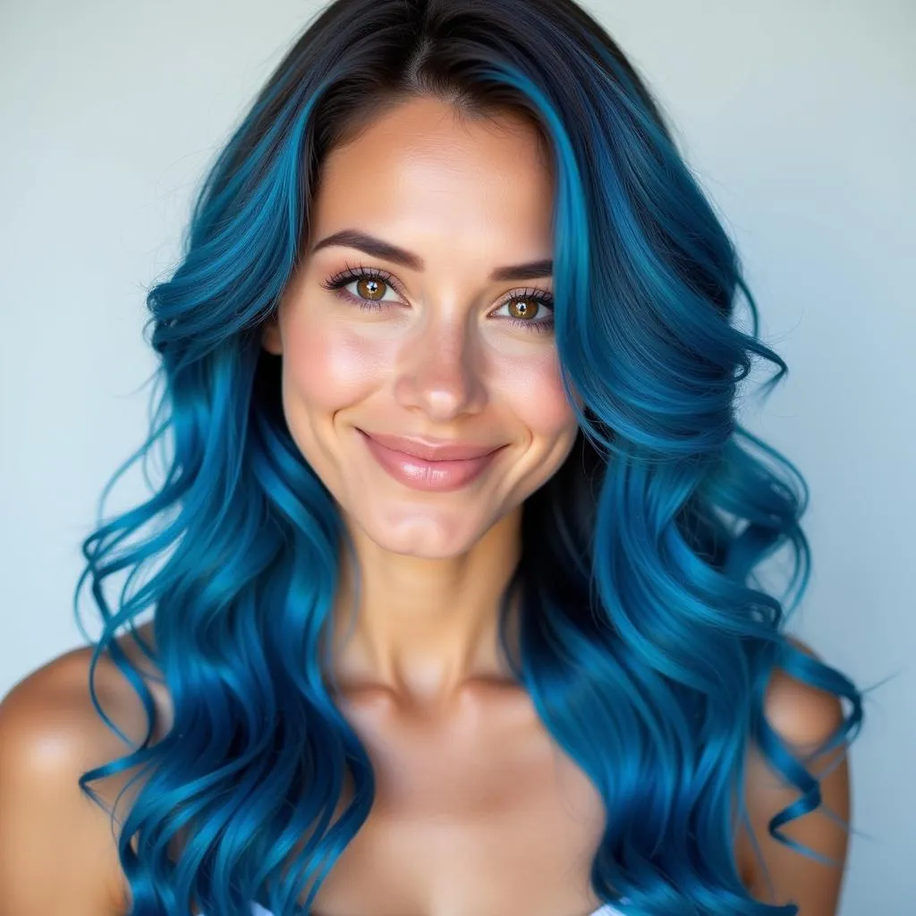 A woman smiling with healthy, shiny hair after removing blue dye