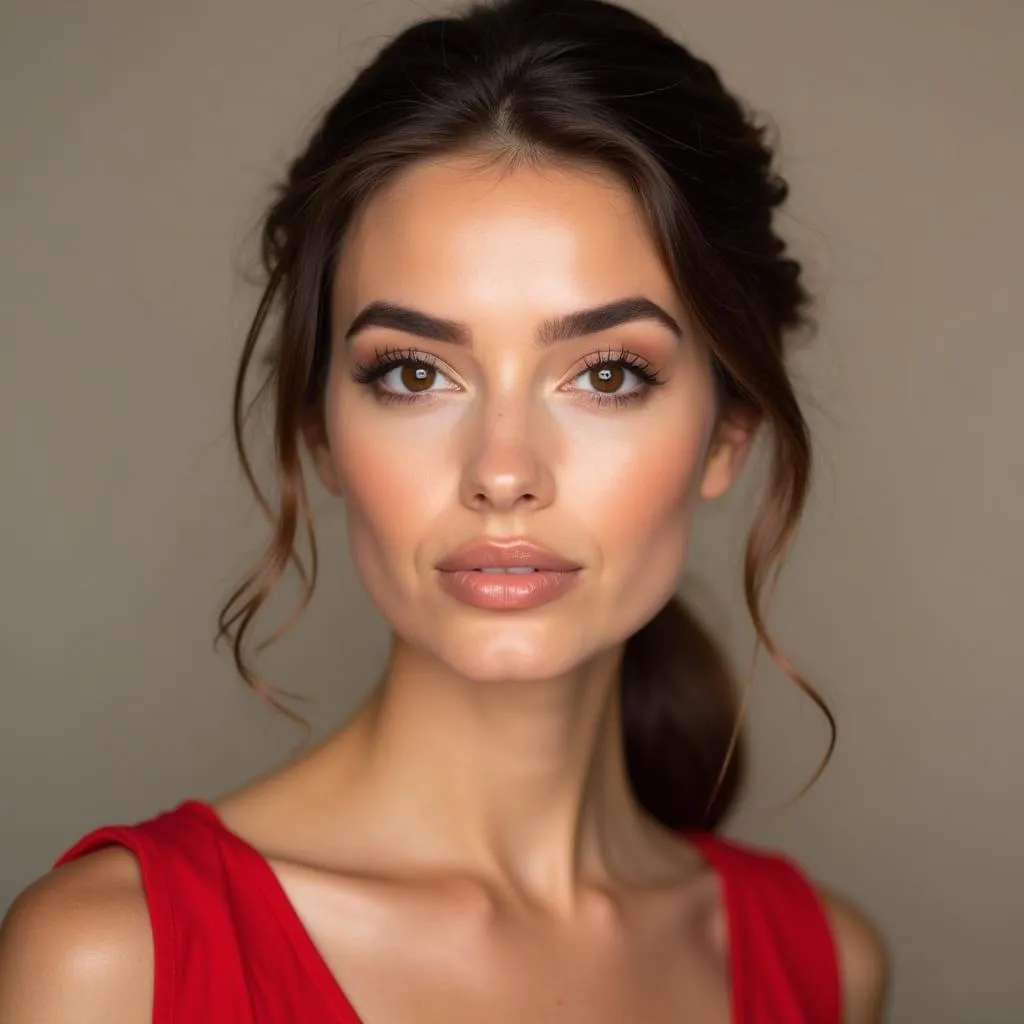 Woman with Red Dress and Natural Makeup