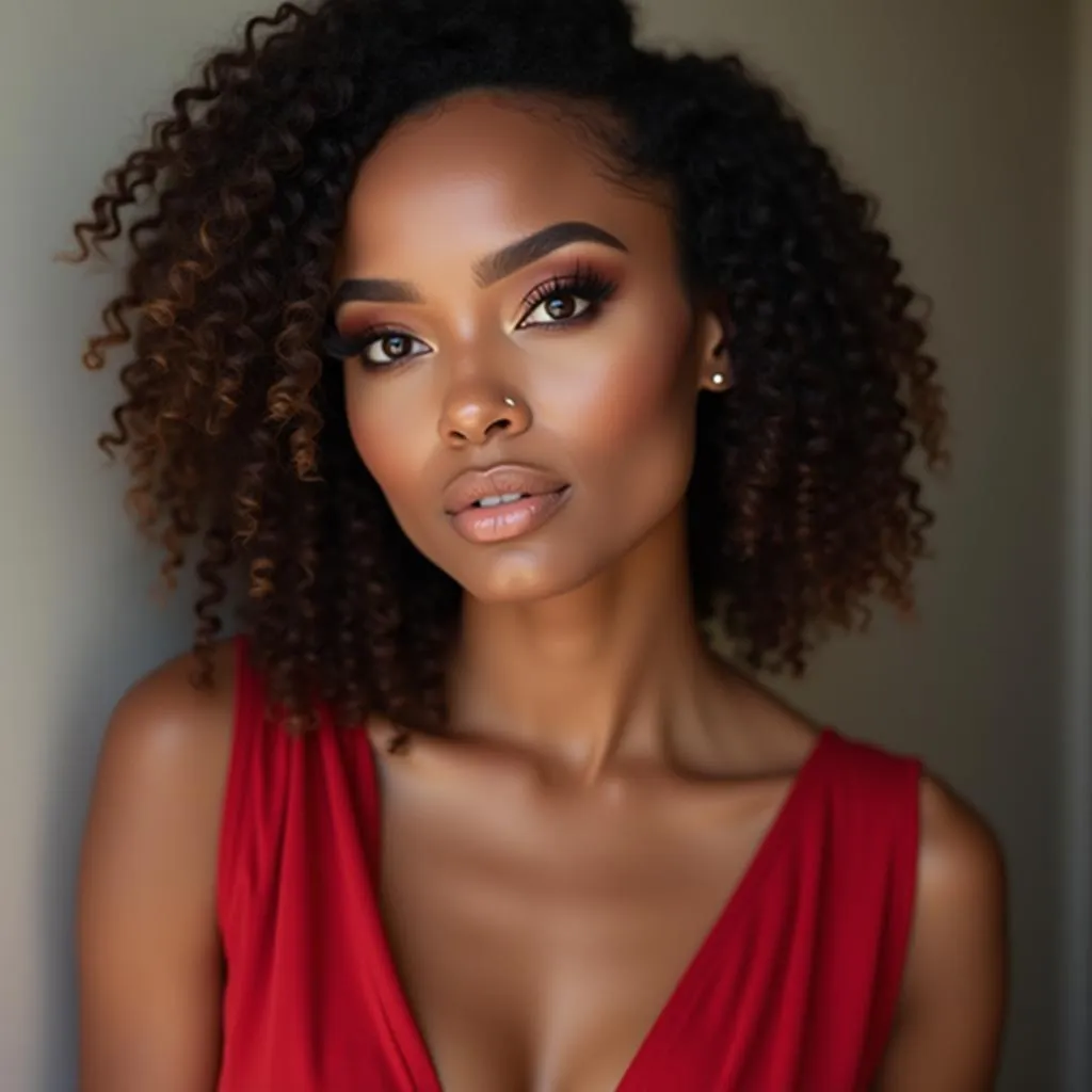 Woman with Red Dress and Smokey Eye Makeup