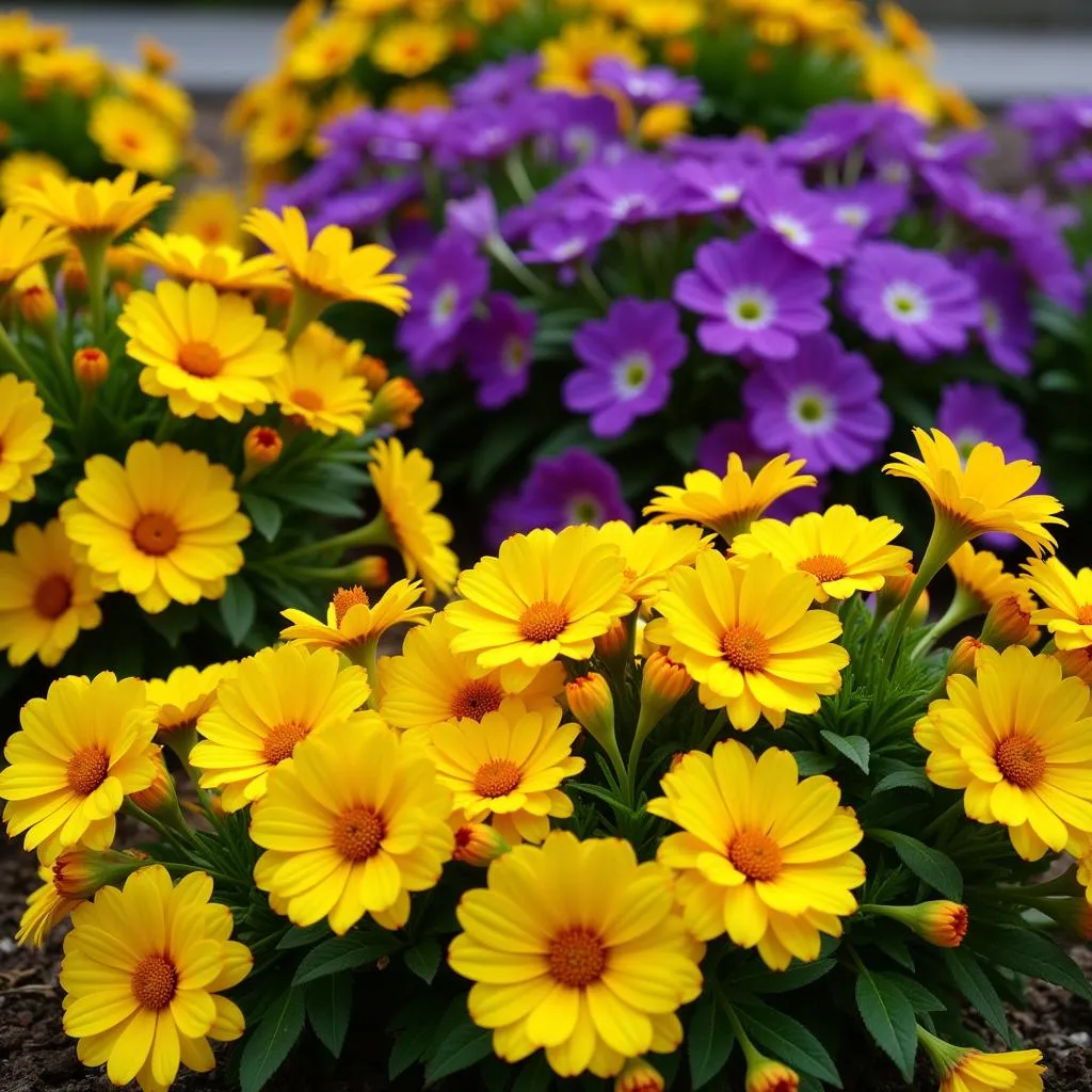 Yellow and Purple Flowers in a Garden