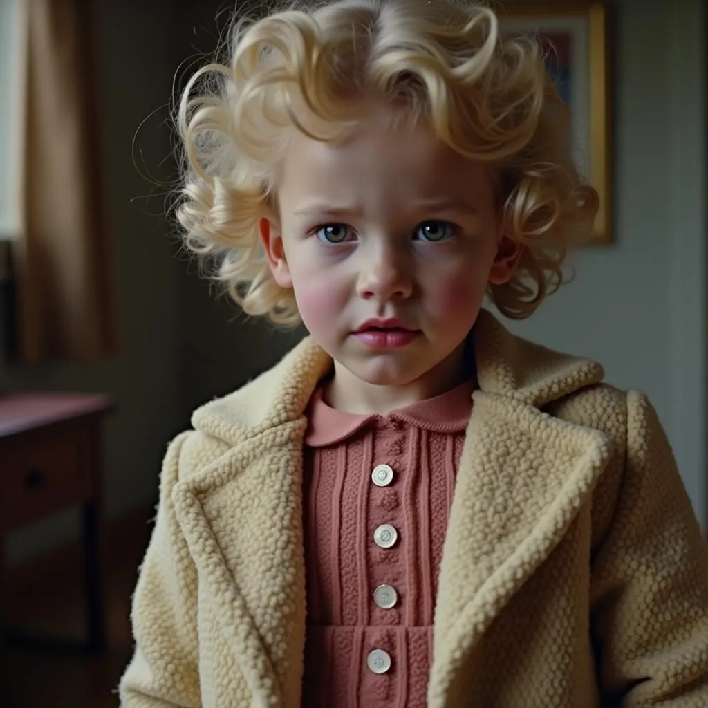 A young girl, representing Dolly Parton as a child, stands smiling brightly while wearing a colorful patchwork coat.