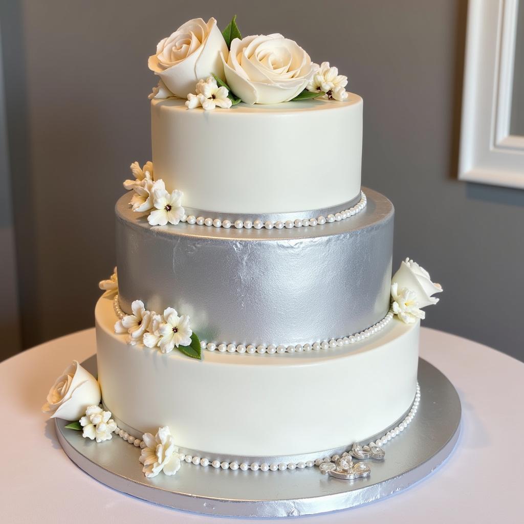 25th Anniversary Cake with Silver and Iridescent Silver Accents