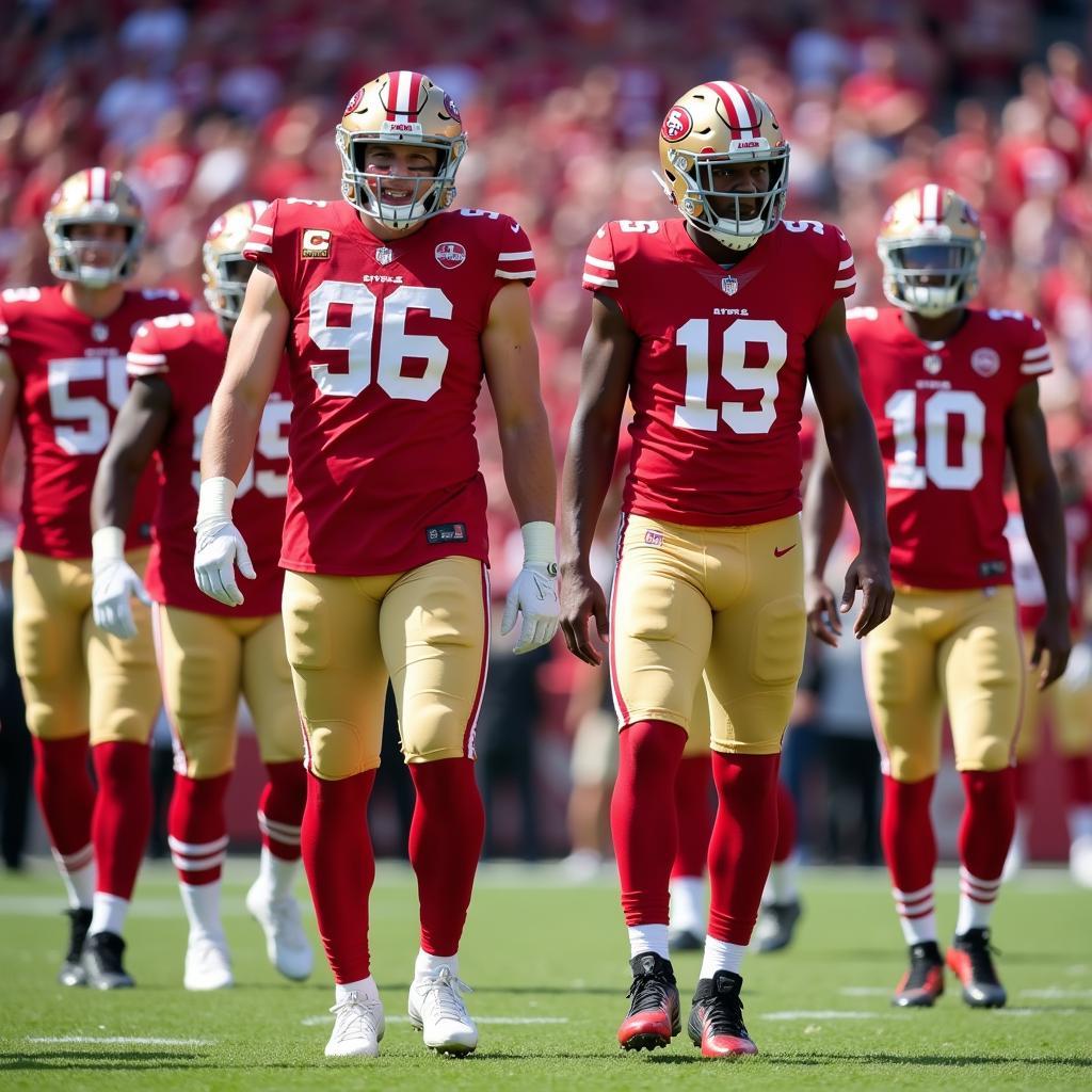 San Francisco 49ers players in their red and gold uniforms