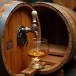 Aged gin in an oak barrel showing a golden hue