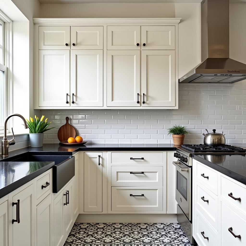 Antique White Kitchen with Black and White Accents