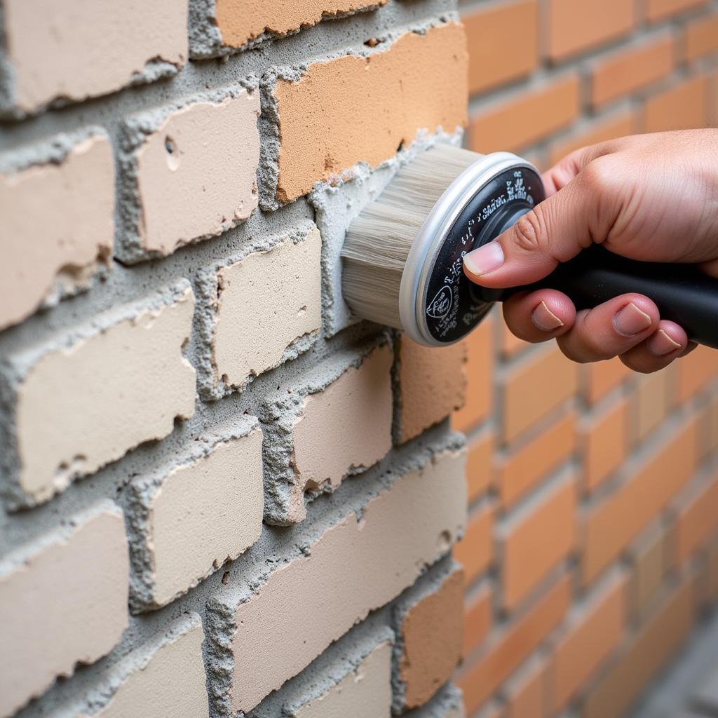 Applying sealant to protect colored mortar on a brick wall