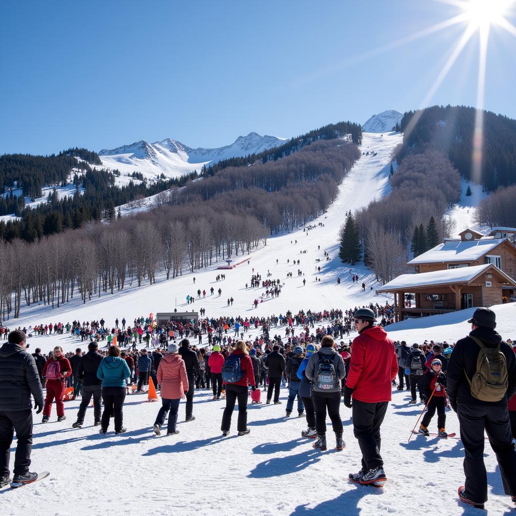 Skiers and snowboarders enjoying the "Beach" at Arapahoe Basin in late spring