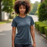 A model wearing an athletic heather t-shirt, demonstrating how the color drapes and looks in a real-world setting.