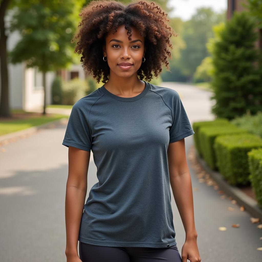 A model wearing an athletic heather t-shirt, demonstrating how the color drapes and looks in a real-world setting.