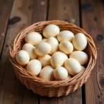 A basket filled with cream-colored Silkie chicken eggs