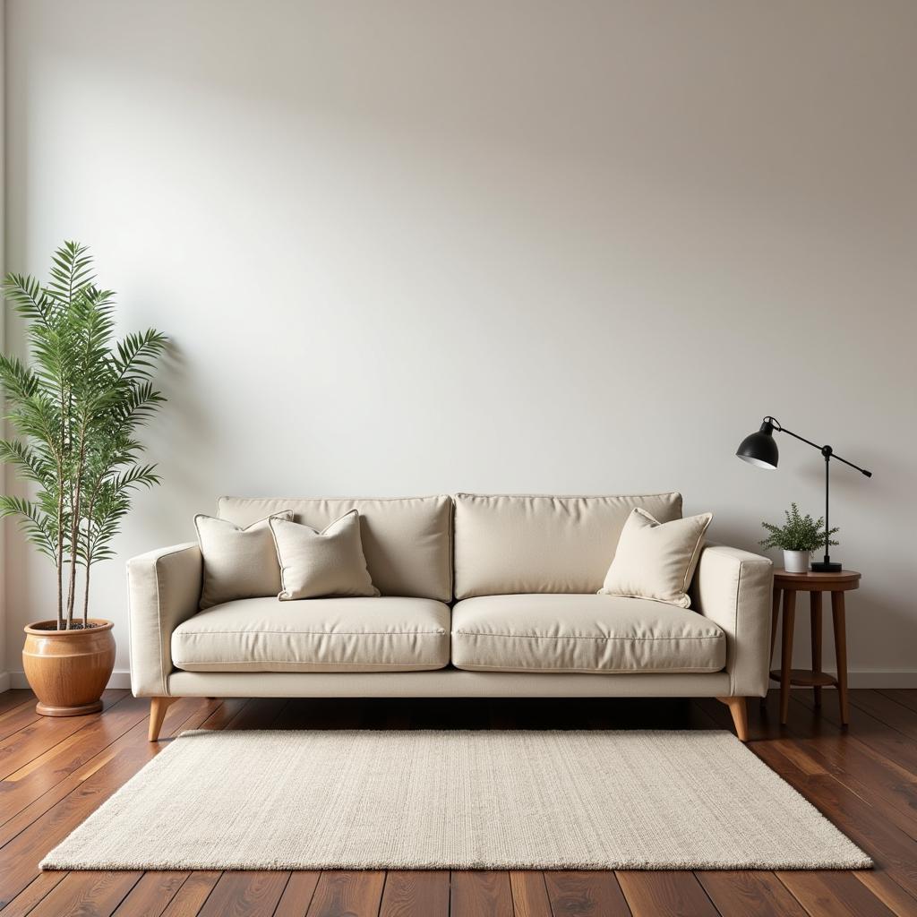 Beige Couch, Dark Wood Floor, and Light Rug