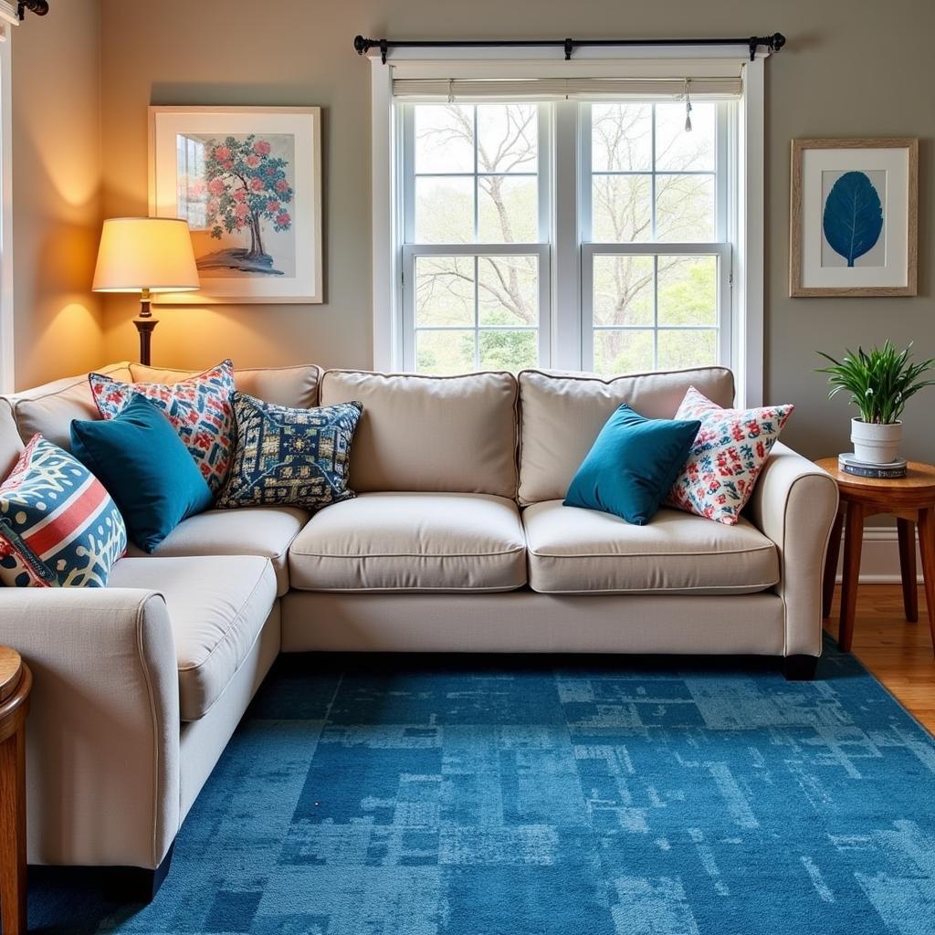 Beige Couch with Blue Rug