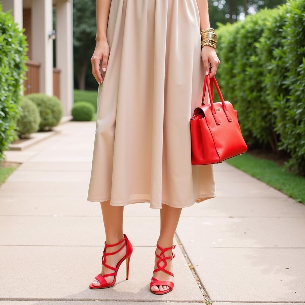 Beige Dress with Red Sandals