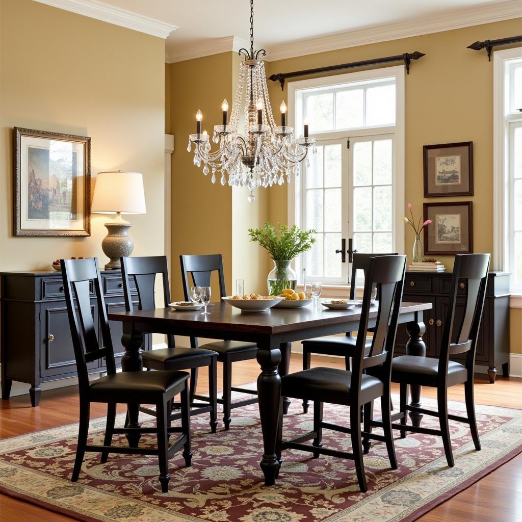 Black Furniture with Beige Walls in a Traditional Dining Room