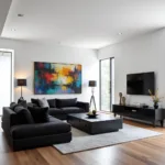 Black Furniture with White Walls in a Modern Living Room