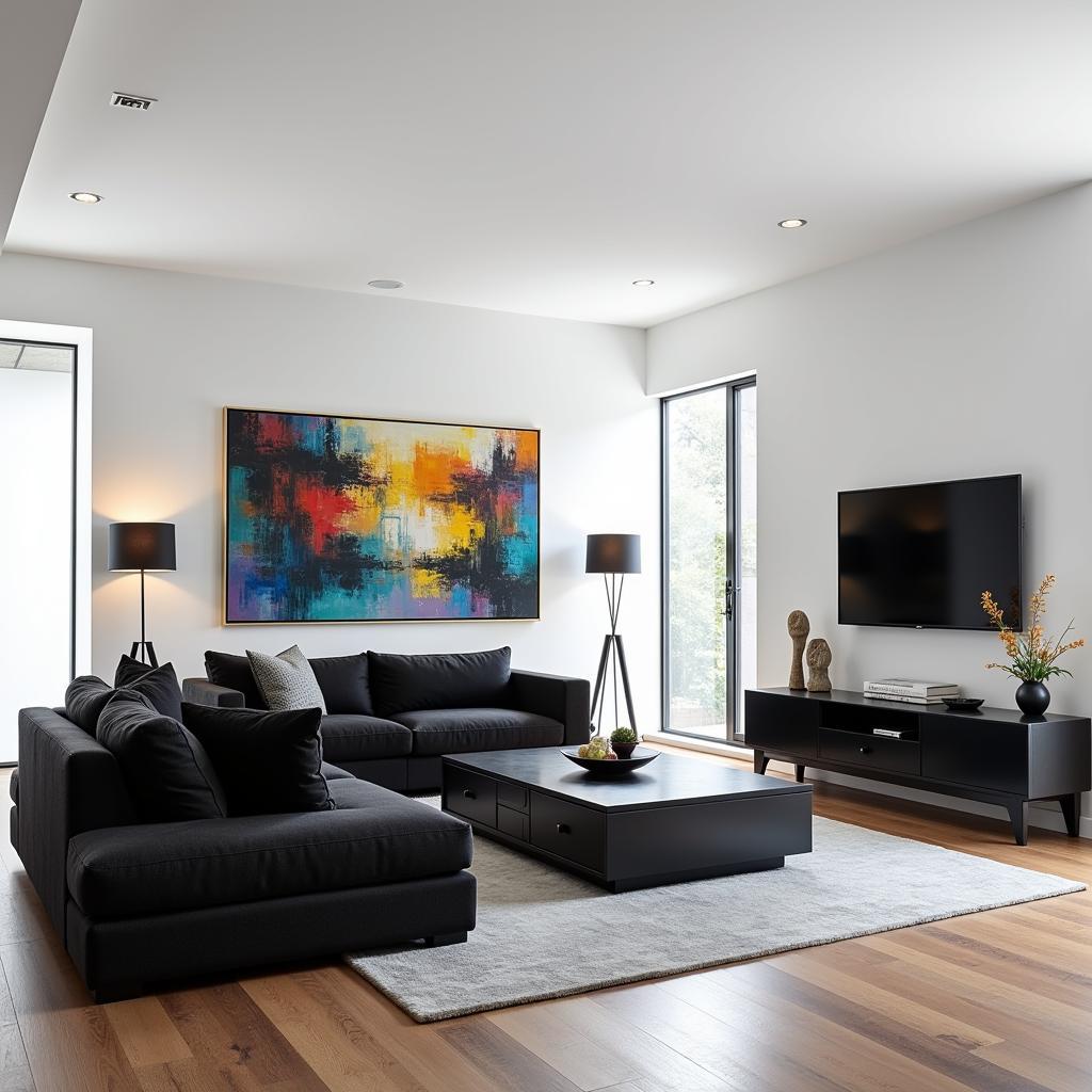 Black Furniture with White Walls in a Modern Living Room