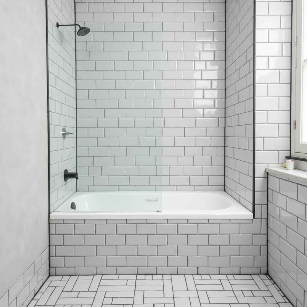 Black grout with light gray tile in a modern bathroom