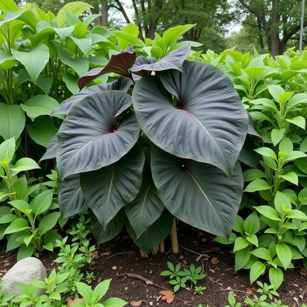 Black Magic Elephant Ear in Garden Setting