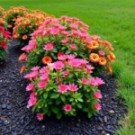 Black mulch highlighting colorful flowers