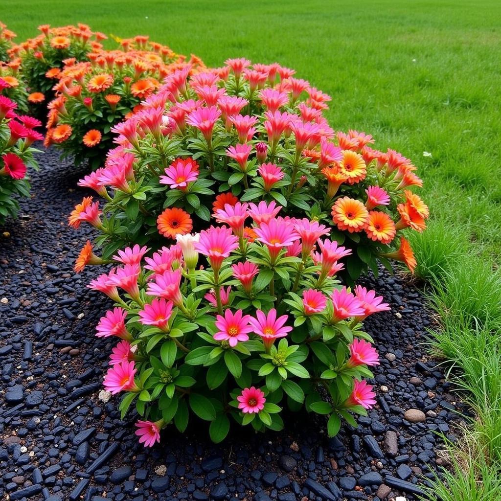 Black mulch highlighting colorful flowers