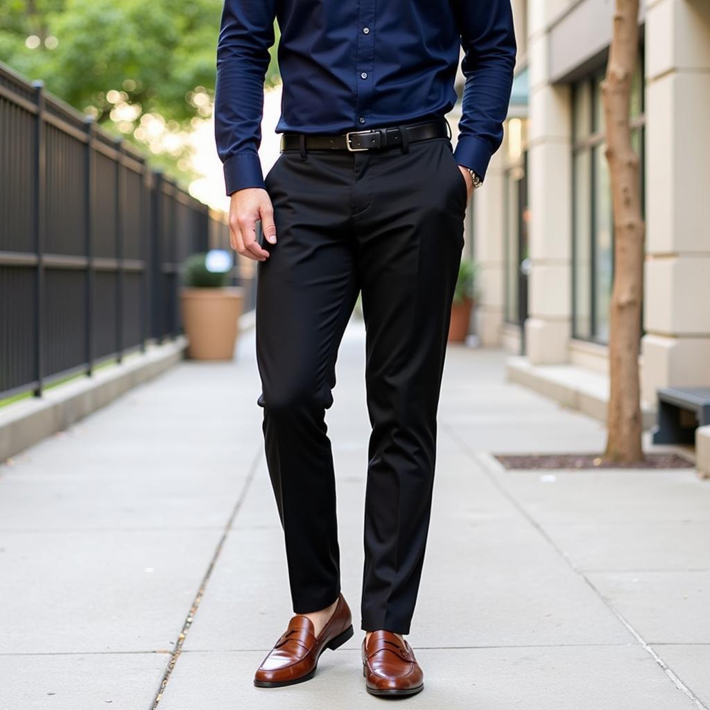 Man wearing black pants and a navy shirt for a casual look